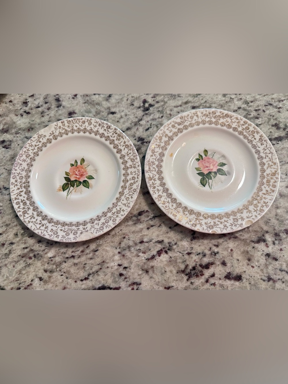 Vintage Taylor, Smith and Taylor Pink Rose Dessert Plates Gold Trim Set of 2